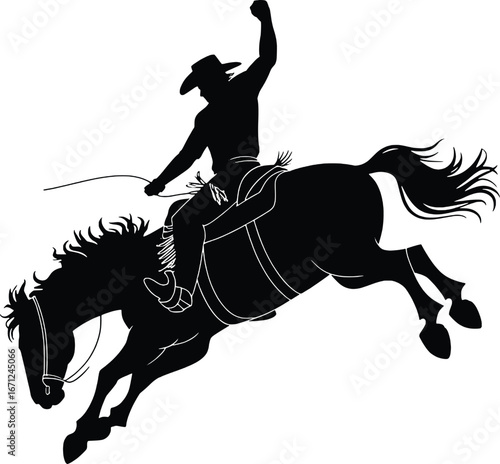 Silhouette of cowboy riding bucking bronco horse western rodeo action