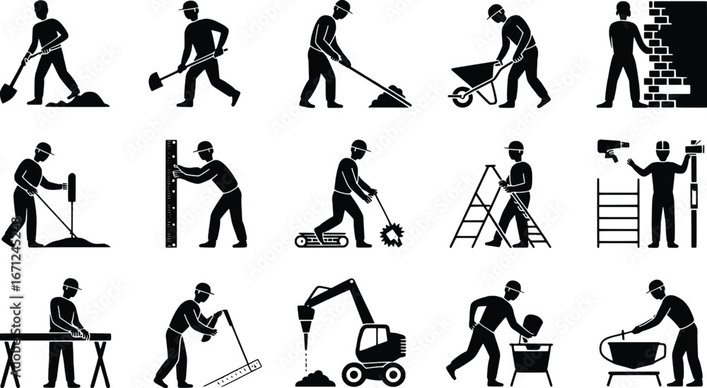 Obraz premium Collection of construction worker silhouettes performing various manual labor tasks and operating equipment
