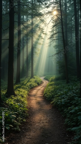 Path Through Dark Forest with Light Ahead Spiritual Journey