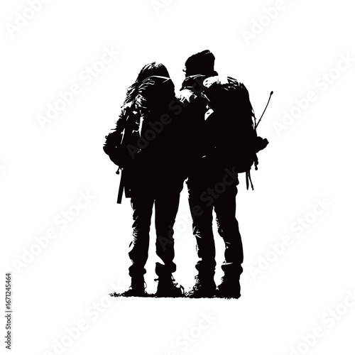 Two travelers with backpacks stand close together, creating a silhouette against a bright white backdrop, conveying a sense of adventure and connection.
