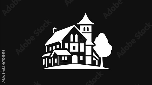 A detailed depiction of a classic architectural structure featuring unique elements such as towers and varying roof styles, accompanied by a nearby tree, showcasing timeless beauty.