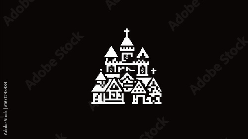 This artwork showcases a detailed pixel art creation featuring a medieval castle complex. Various towers and houses are intricately designed in a simplistic black and white style, evoking nostalgia.