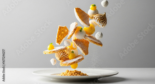 High-speed kinetic dessert photography featuring deconstructed lemon meringue pie with hovering shards, curd spheres, and fine powdered sugar falling like snow
