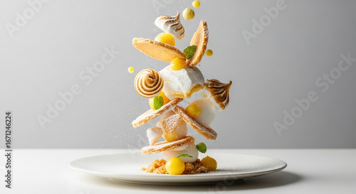 Abstract airborne lemon meringue pie elements forming a visually striking dessert sculpture with powdered sugar dust and minimalistic plate presentation
