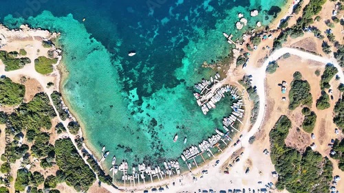 4K video of Demircili Bay with its turquoise beaches and magnificent peninsula in Urla. Izmir, Turkiye.