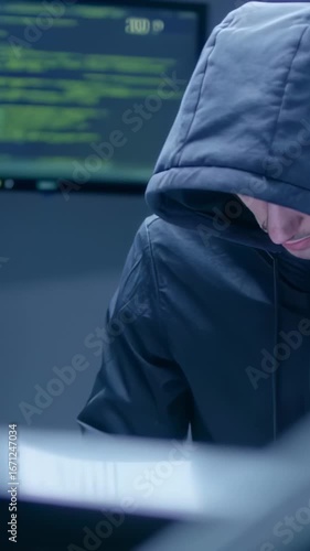 Programmers developing malware are hacking into corporate servers, stealing confidential user data, and navigating the dark web in a shadowy room during the night