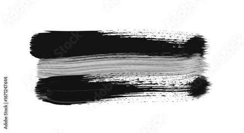 Layered black and grey textured paint brush strokes, horizontal, isolated white background