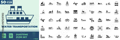 Collection of Water Transportation Duotone icons. Containing container, ancient, tanker and more