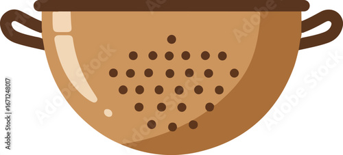 Brown colander with holes and two handles attached. Perfect for kitchenthemed designs, cooking blogs, recipe websites, and culinary backgrounds.