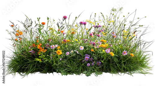a bush made with grass and wildflowers isolated on a transparent background