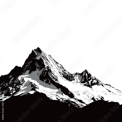 Snow-capped peaks rise dramatically against a clear sky, with dark silhouettes of pine trees framing the base of the mountain during daylight hours.