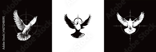 Three distinct bird designs display elegant wing movements in black and white. The illustrations feature differing poses, accentuated by circular elements in the background.