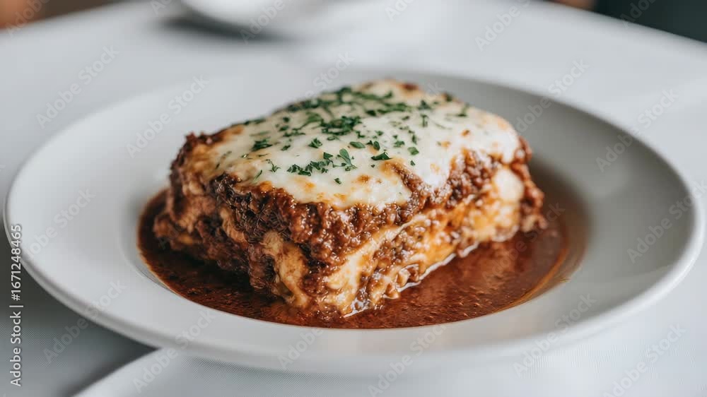 Baked lasagna with melted cheese, herbs, and meat sauce on plate Baked lasagna with melted cheese, herbs, and meat sauce on plate