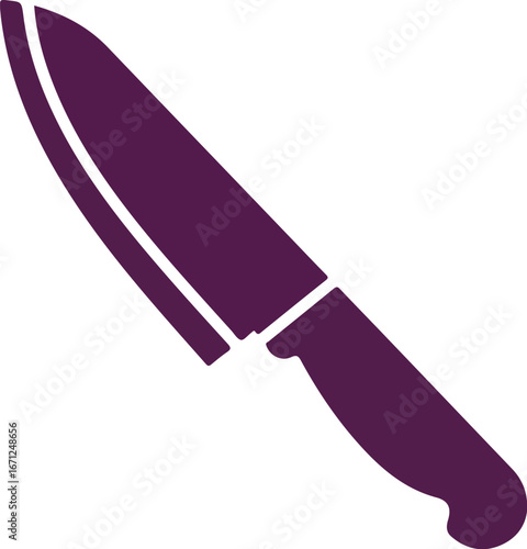 Purple chefs knife with a curved blade and handle, perfect for culinary websites, cooking blogs, kitchen product advertisements, and foodrelated designs.