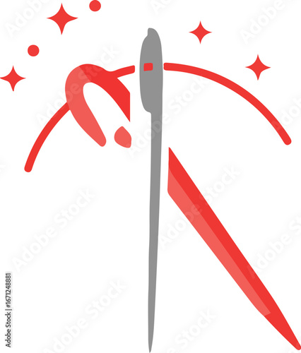 Needle with red thread sparkles in logo design for sewing. Perfect for craft, tailor, needlework, textile, fashion, embroidery projects.