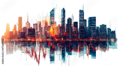 A modern city with shining forex charts isolated on a transparent background