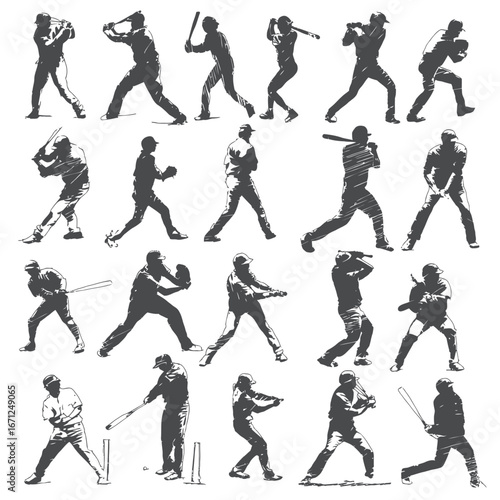 Multiple baseball players showcase diverse batting stances in a sports facility. The athletes, captured mid-action, highlight the intensity and technique involved in the sport during practice.