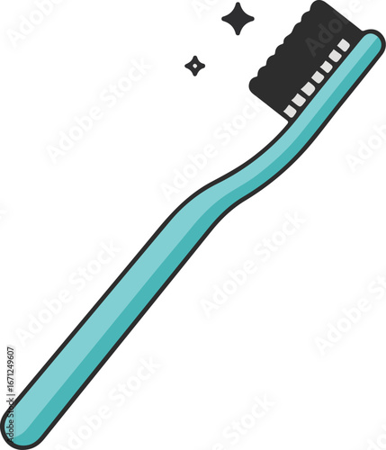 Turquoise toothbrush with black bristles and shining sparkles. Ideal for dental hygiene, health concepts, bathroom products, oral care.