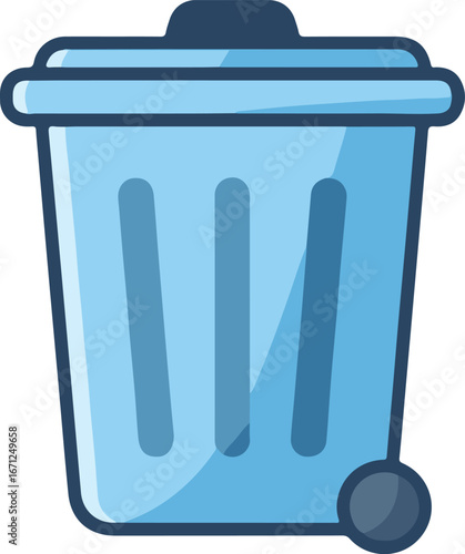 Light blue cartoon rolling garbage can with a lid, suitable for waste management, recycling, sanitation, and environmental education materials.