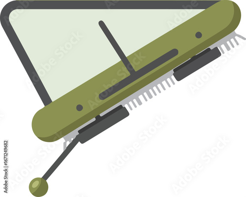 Olive green triangle shaped cleaning tool with bristles for household cleaning supplies, cleaning equipment advertisement, product demonstration, or instructional materials.