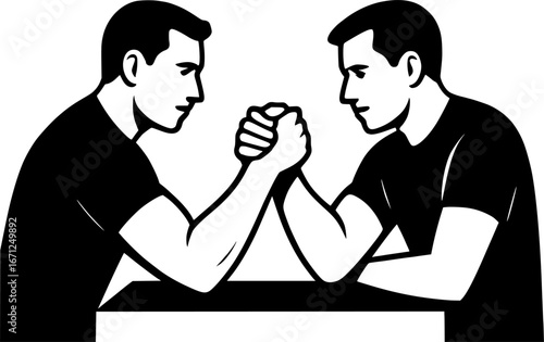 Minimal black and white vector of two men arm wrestling in side view, flat silhouette style, perfect for sports graphics, strength logos, and competition illustrations