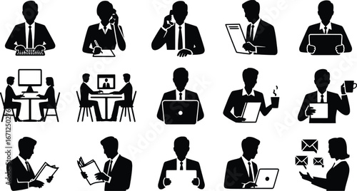 Modern professionals silhouettes busy business people working collaborating networking digital devices holding coffee