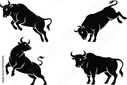 Four powerful black bulls in dynamic poses showcasing strength and agility for various designs