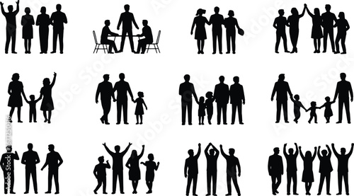 Diverse family silhouettes celebrating joyful moments together in various group poses