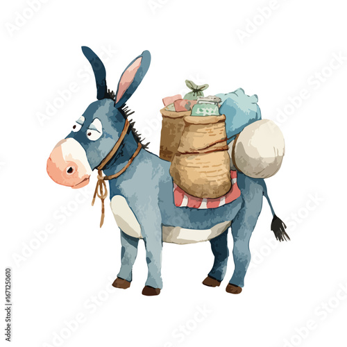 A Watercolor Donkey Carrying Bags with a Sad Expression and Loads