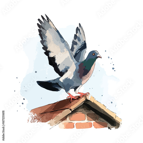 A Pigeon in Flight on a Rooftop Artistic Watercolor Style