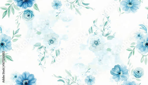 Seamless watercolor floral pattern. Hydrangea, myosotis, rose, peony. Blue green white flowers, leaves on white background. Fashion, fabric, wrappers, wallpapers, prints, wedding invitations