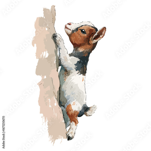 Adorable Goat Kid Climbing a Tree Trunk with Curious Upward Gaze