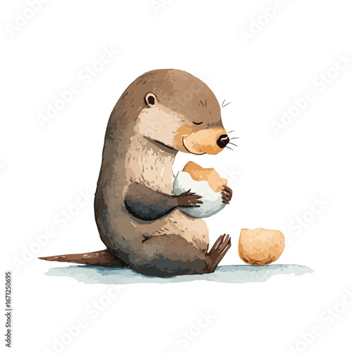 Adorable otter sitting and holding a cracked egg with a contented expression