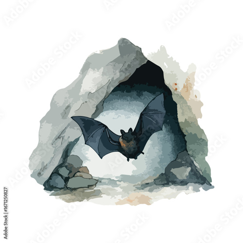 Bat with outstretched wings emerges from a gray stone cave entrance