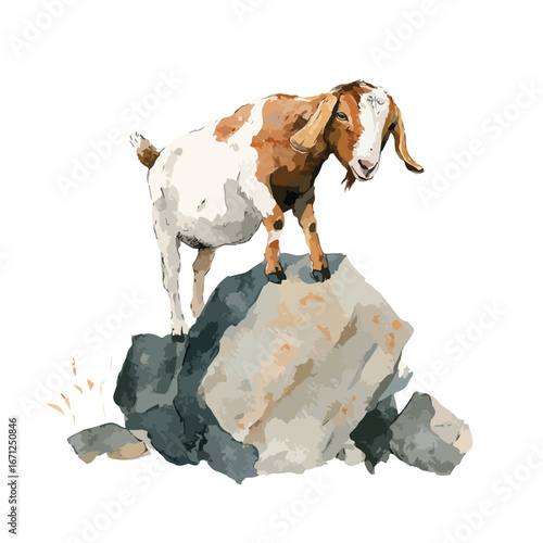 Brown and white goat standing proudly atop a large textured rock formation