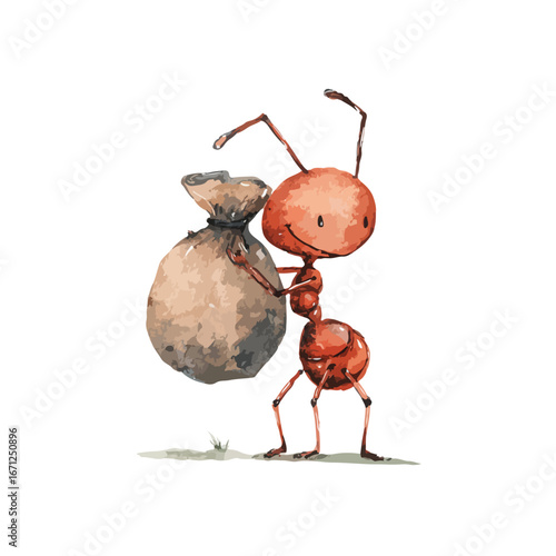 Cartoon Ant Carrying a Heavy Sack with a Cheerful Expression