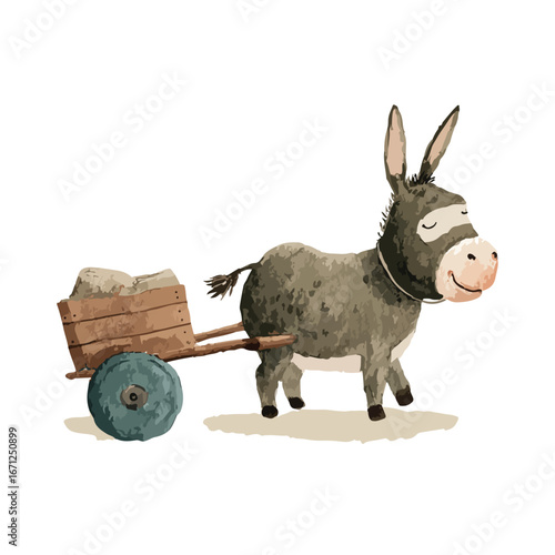 Cartoon donkey pulling a wooden cart filled with rocks whimsical illustration