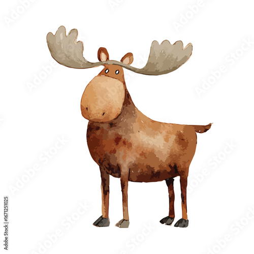 Cartoonish watercolor moose with large antlers and a brown coat