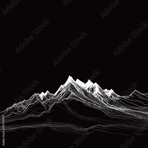 A striking depiction of a mountain range illustrated through intricate white lines on a black background, portraying elegant peaks and flowing valleys in minimalist style.