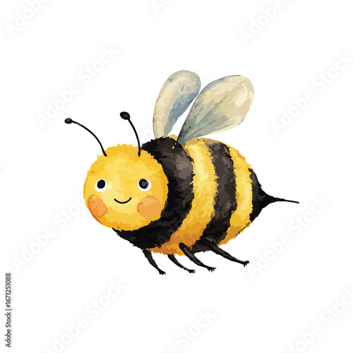 Cheerful Watercolor Bumble Bee in Flight Yellow and Black Stripes