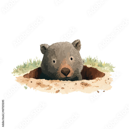 Curious Wombat Peeking Out of Burrow with Detailed Fur and Eyes
