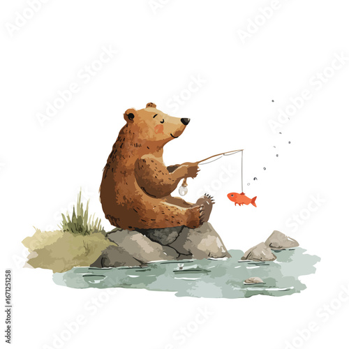 Cute Bear Fishing in a Peaceful Watercolor Scene