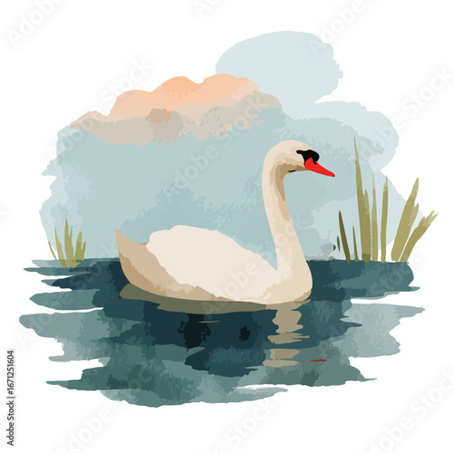 Elegant swan gliding gracefully on water with reeds and pastel sky