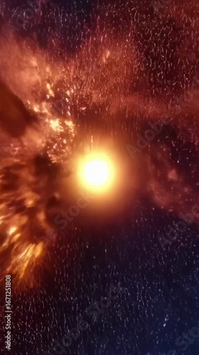 Nine images showing different stages of a supernova explosion creating a black hole in deep space with bright orange and red colors, surrounded by many stars