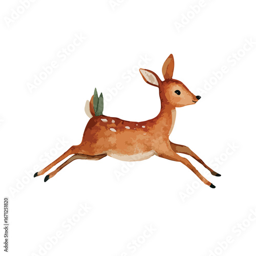 Leaping Fawn with Spotted Coat and Green Tuft Tail Watercolor Style