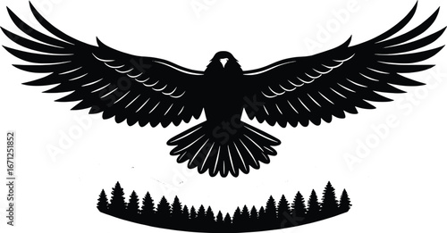 Powerful black raven spreading wings over jagged mountain peaks wildlife design