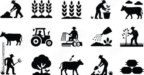 Collection of silhouetted farm life and agriculture icons representing rural activities and livestock