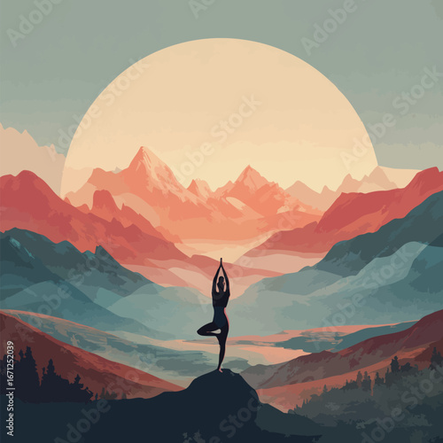 Silhouette of a person practicing yoga on a rock overlooking a valley, surrounded by mountains and a large sunrise illuminating the scene with warm colors.