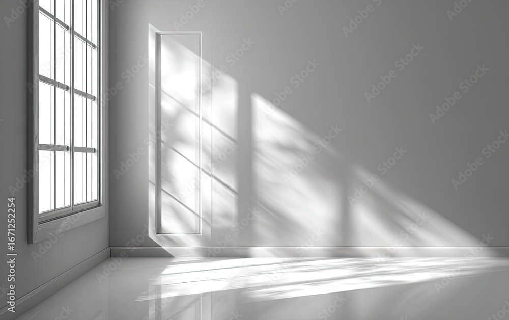Fototapeta premium Sunlight streams into a minimalist room corner