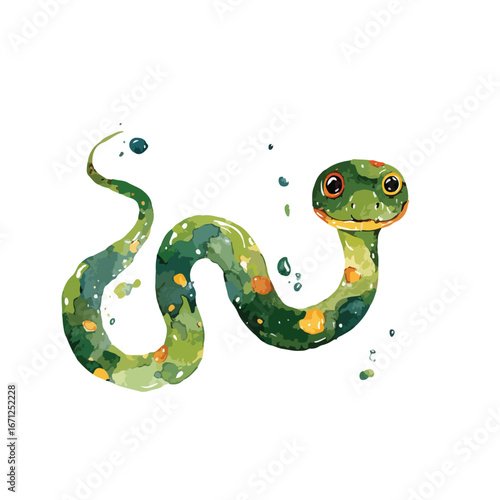 Playful Watercolor Snake with Smiling Face and Unique Green and Yellow Pattern